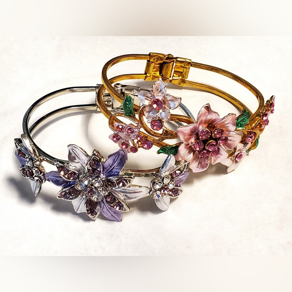 Silver and Gold Flower Cuff Links Bracelets With Rhinestones